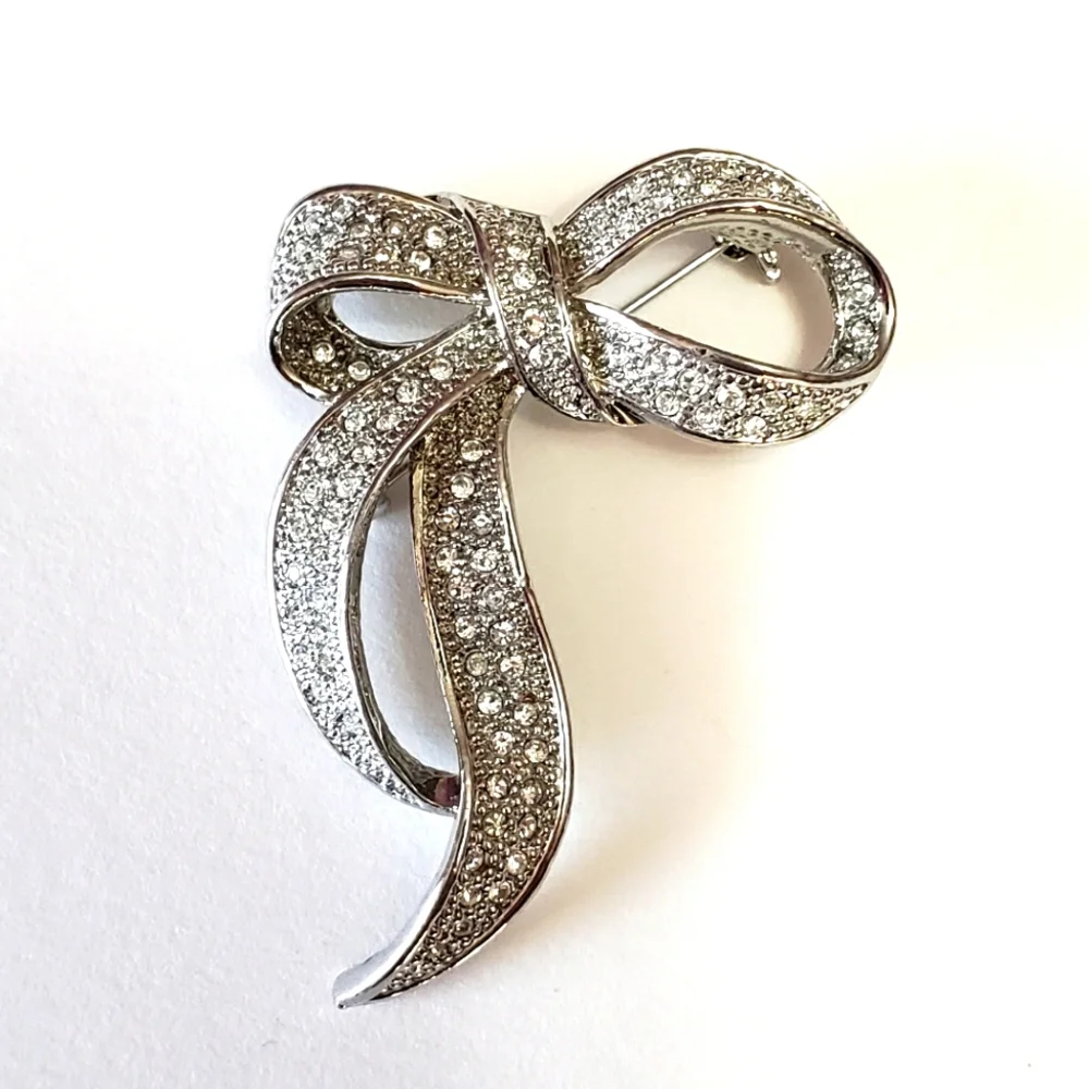 Vintage Silver Tone Rhinestone Bow Brooch, Silvertone Ribbon Pin - Picture 2 of 8
